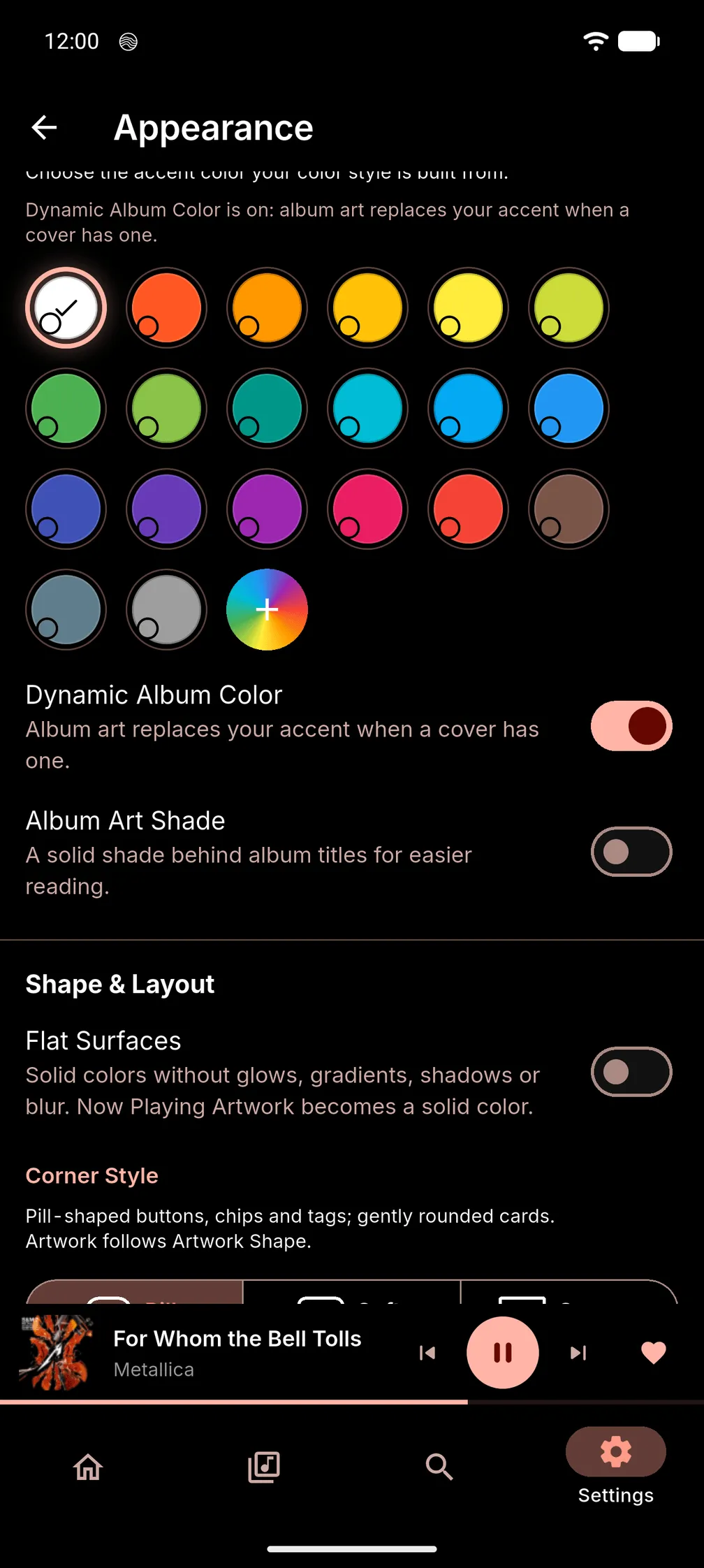 Navis Appearance settings on Android: accent colour swatches, Dynamic Album Color on, and switches for Album Art Shade, Flat Surfaces and Corner Style.