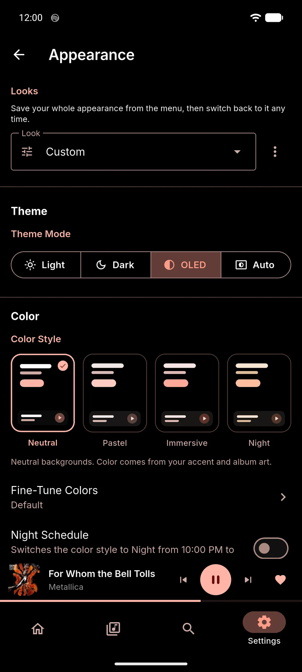 Navis Appearance settings on Android: the Looks menu, Theme Mode set to OLED, the four colour styles, Fine-Tune Colors and Night Schedule.