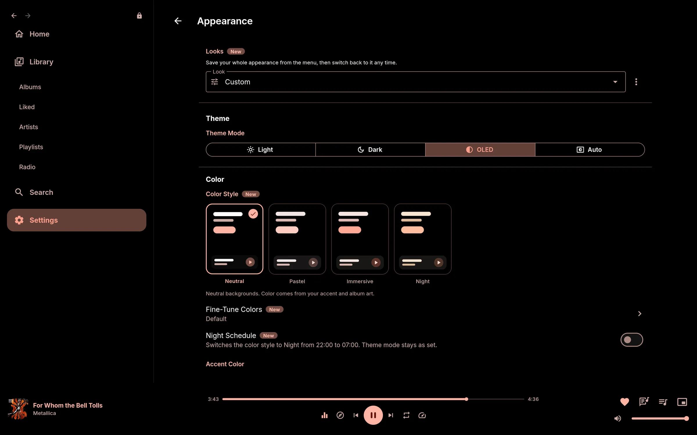 Navis Appearance settings on the desktop: Looks, Theme Mode set to OLED, the four colour styles, Fine-Tune Colors and Night Schedule.