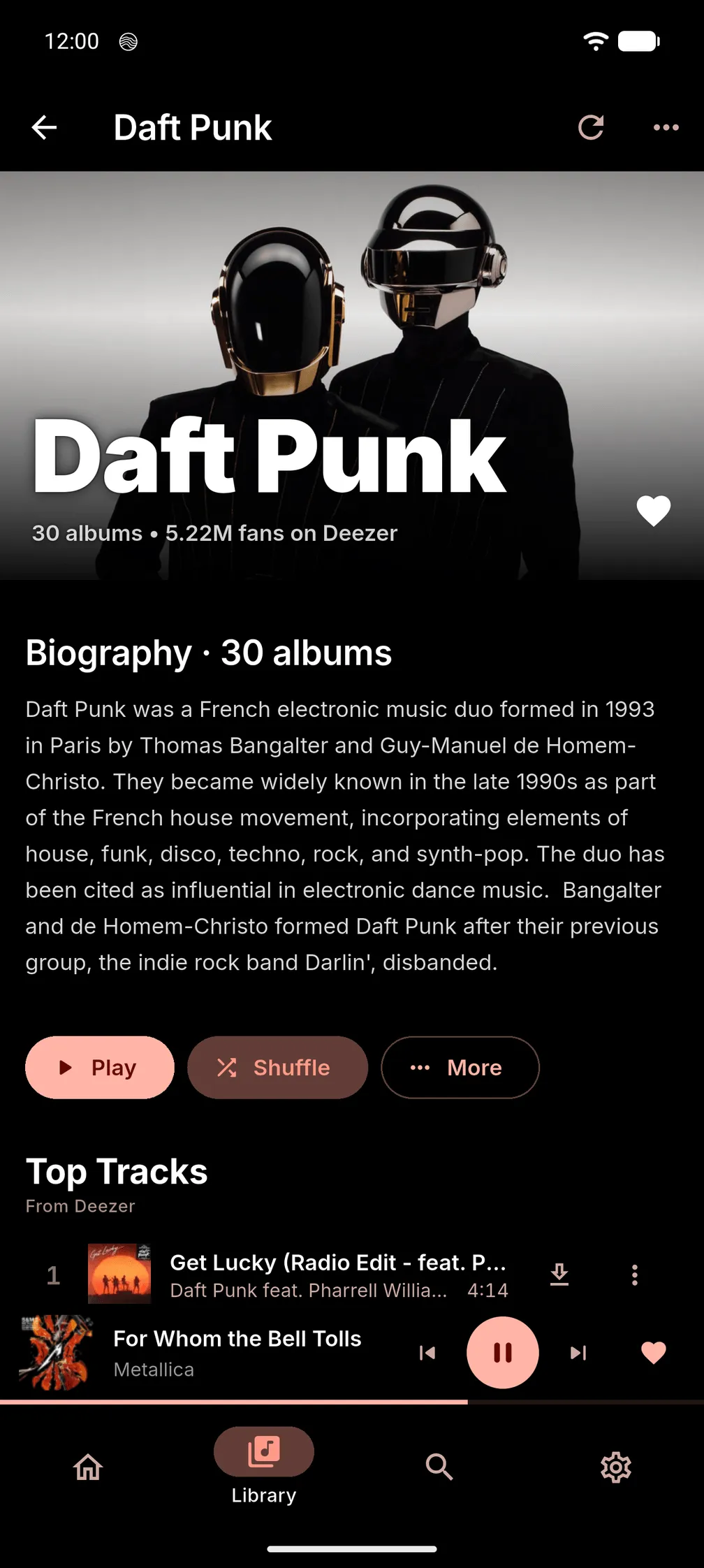 Navis on Android: an artist page with photo, fan count, biography and Top Tracks.
