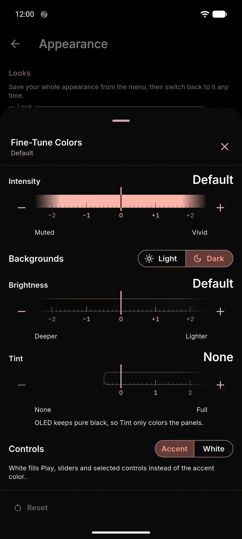 The Fine-Tune Colors panel in Navis on Android: Intensity, Brightness and Tint rulers, a Light and Dark switch for backgrounds, and Accent or White controls.