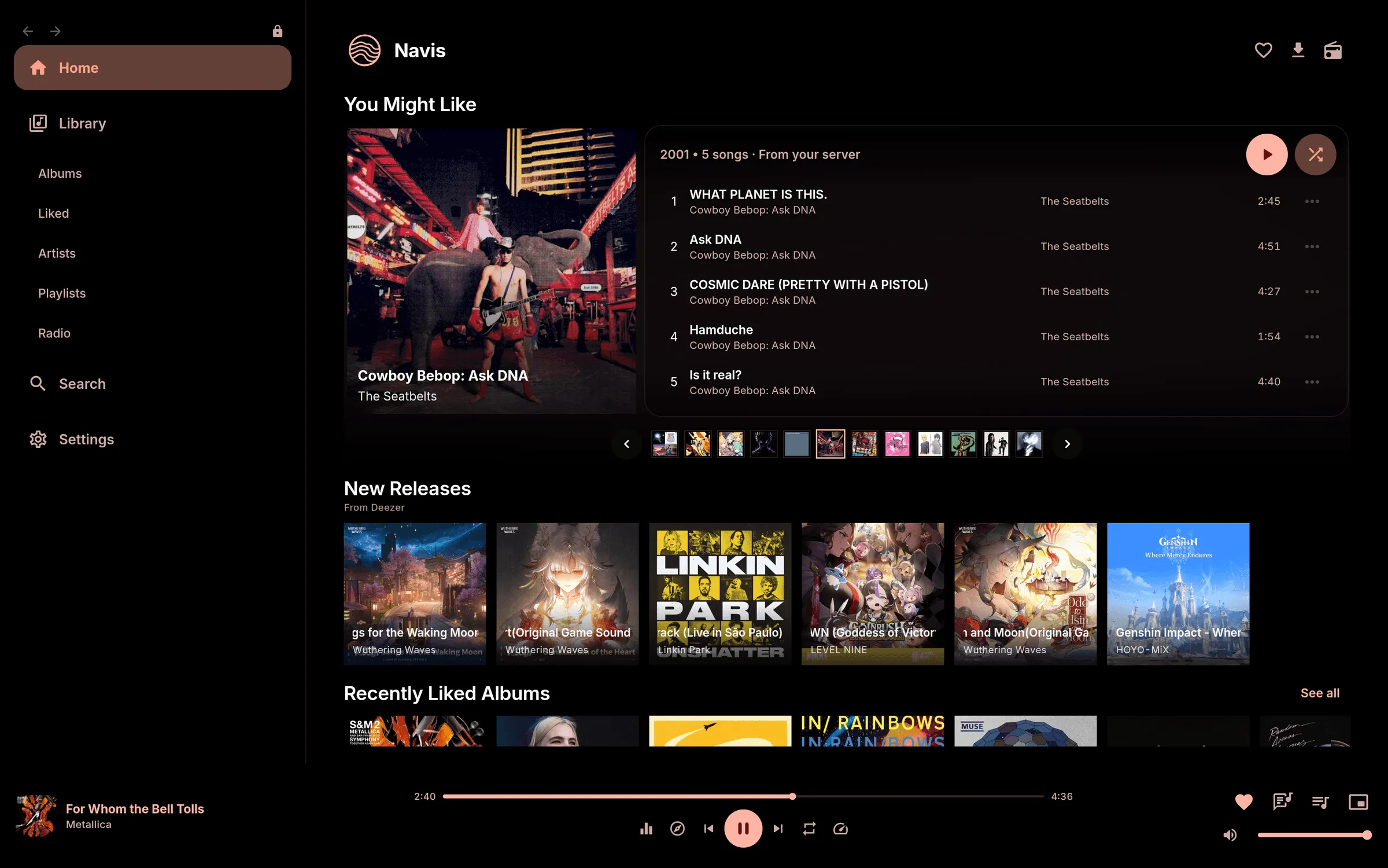 Navis home screen in the OLED theme with Dynamic Album Color: the You Might Like mix, New Releases and the player.