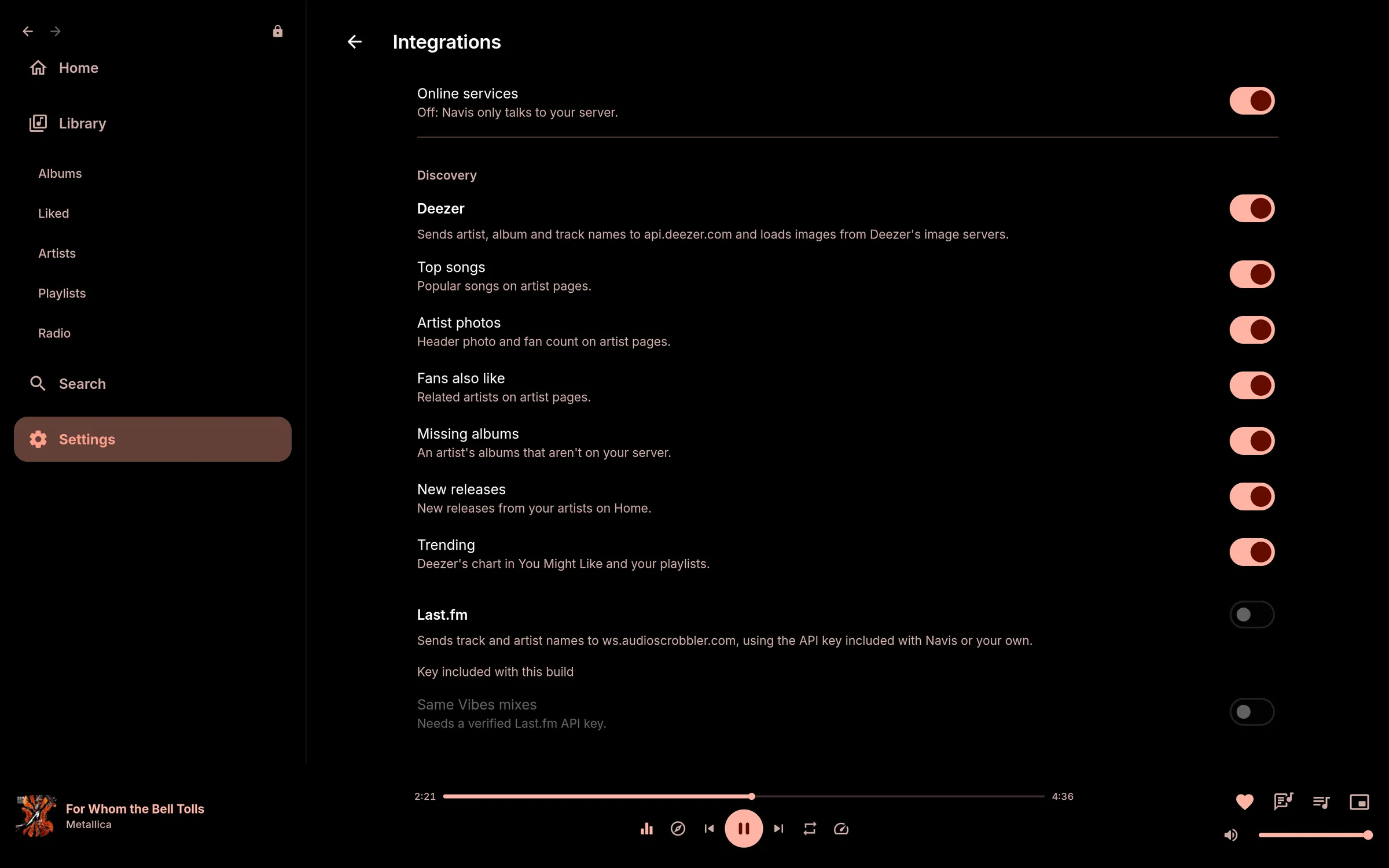Navis on the desktop: the Integrations page with a switch for every online service and feature.