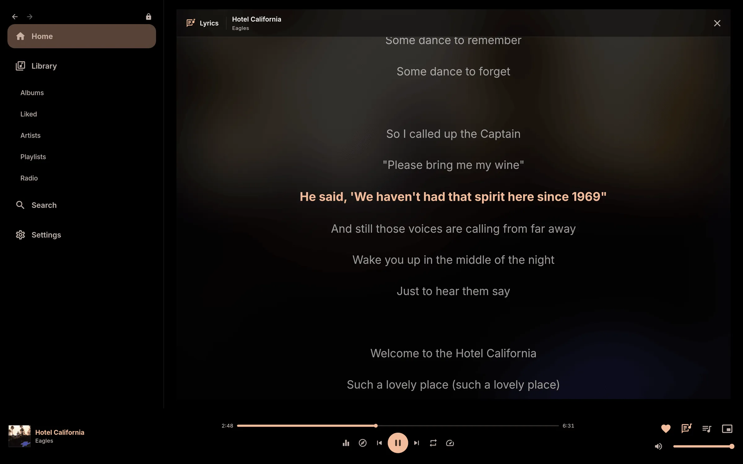 Navis on the desktop: synced lyrics over a soft blur of the album cover, with the current line highlighted.
