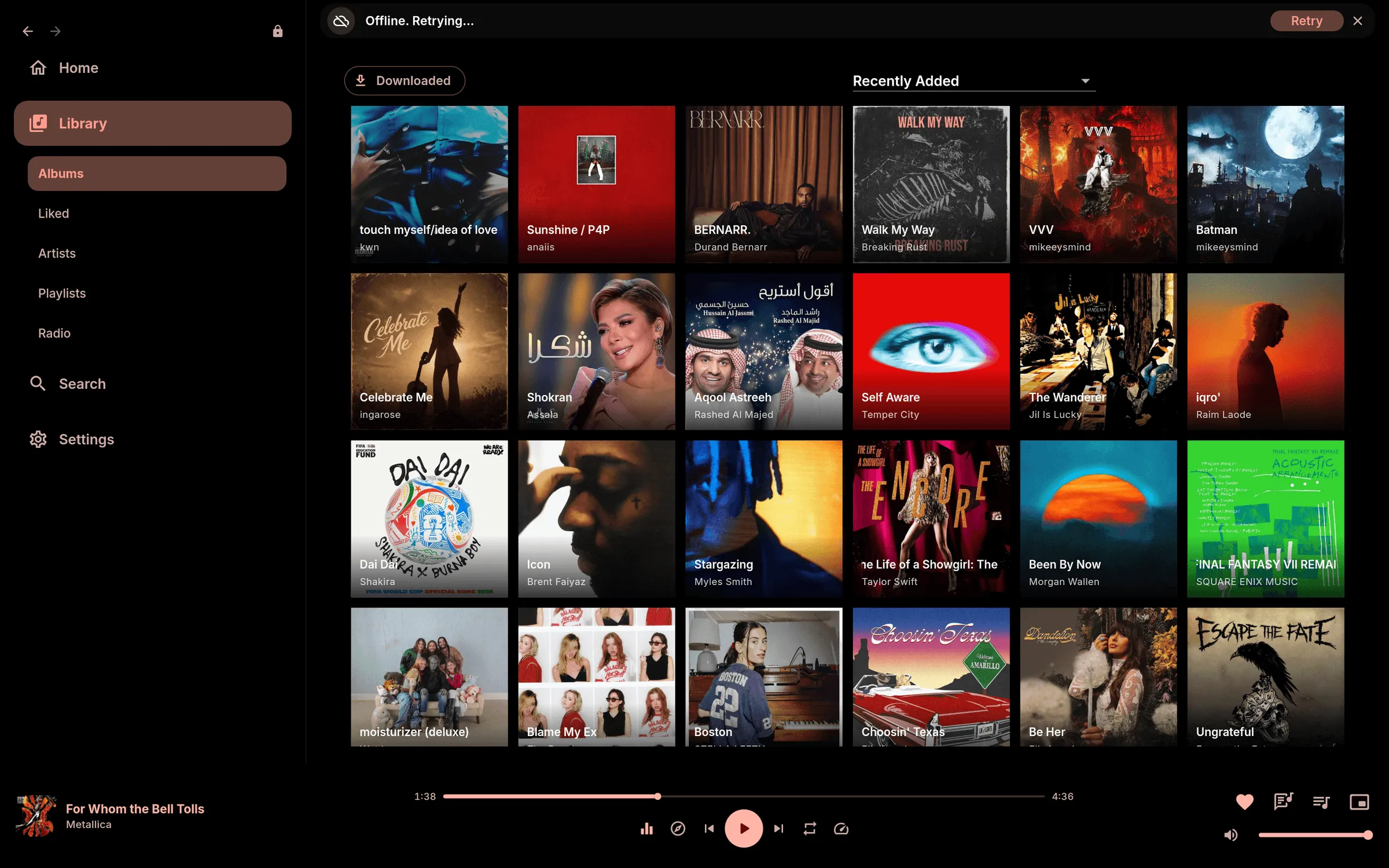 Navis on the desktop in offline mode: the library of downloaded albums, under the “Offline. Retrying…” banner.