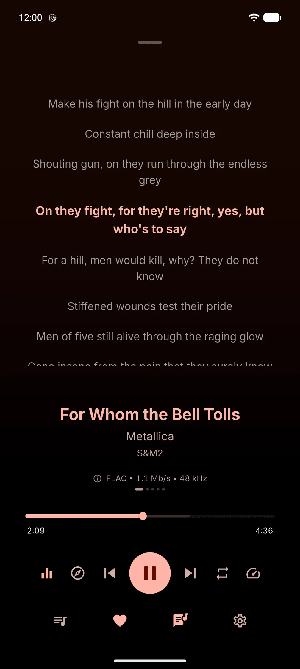 Navis on Android: synced lyrics with the current line highlighted.